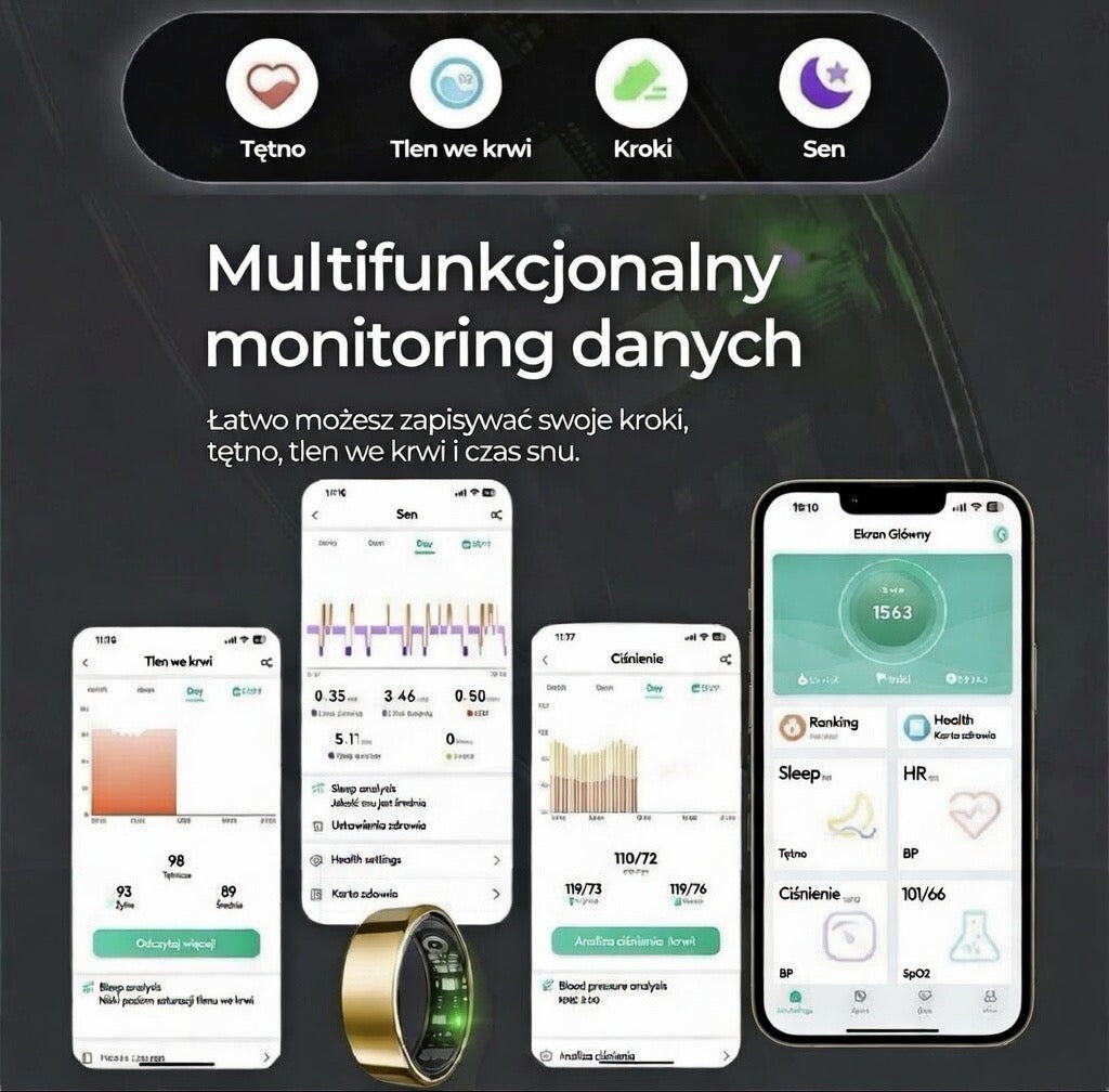 Inteligentny Pierścień Zdrowia– Tętno, SpO₂, Sen | IP68 | Smart Ringg